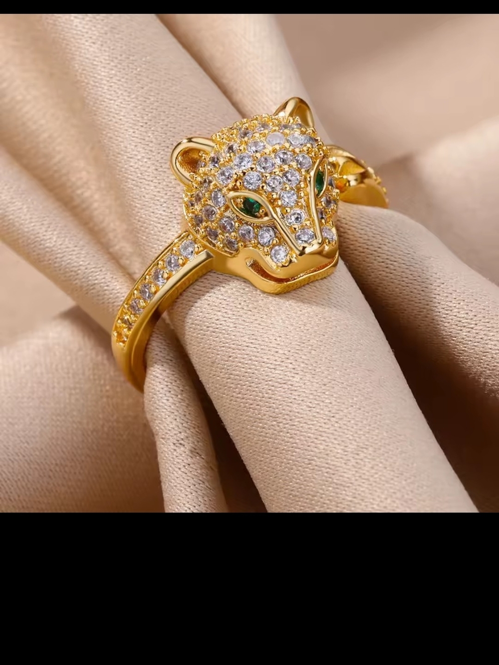 Gold Panther Head Ring with Green Eyes - Women Jewelry. Size 8